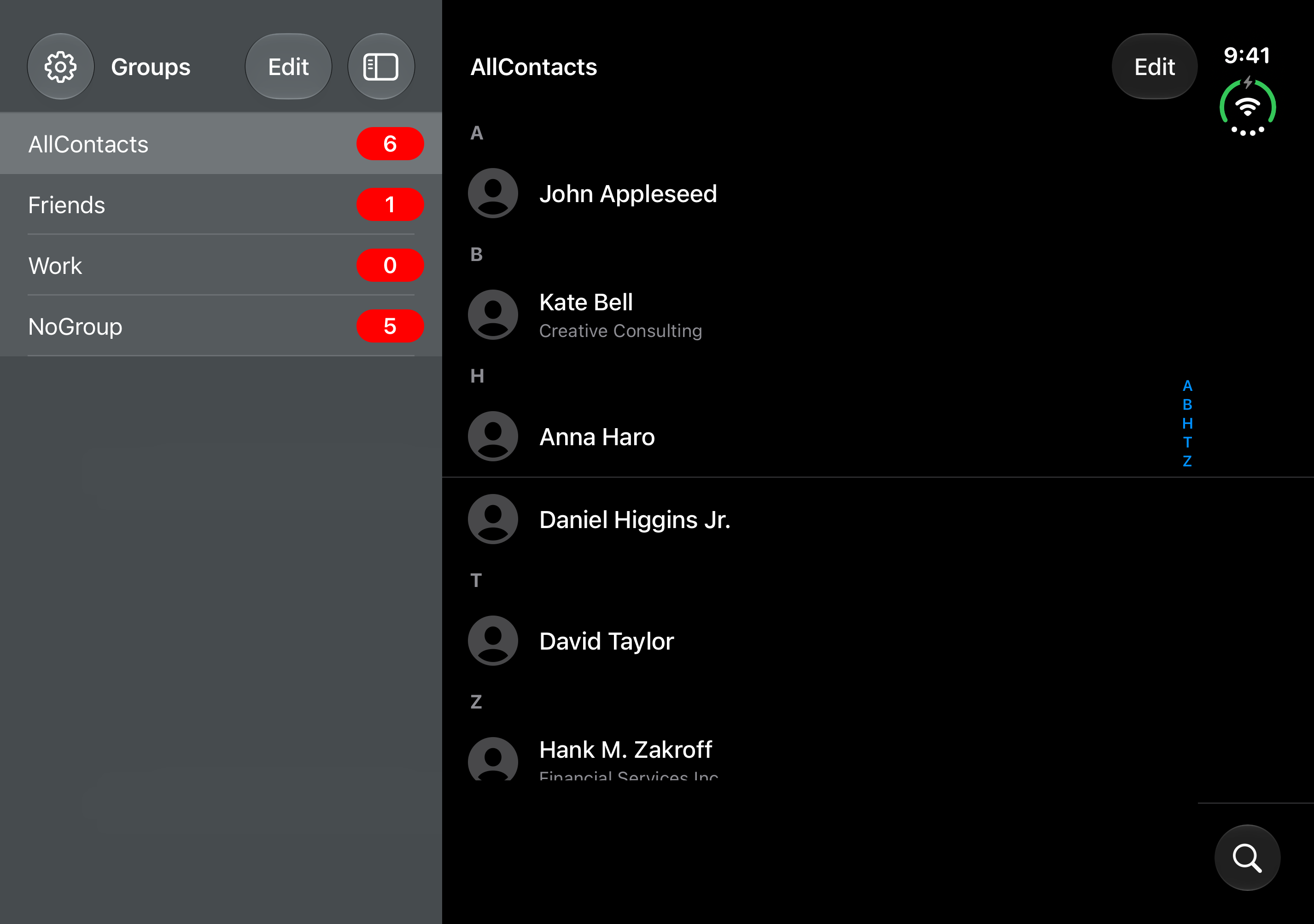 Contacts Grouping Lite interface preview — Dark